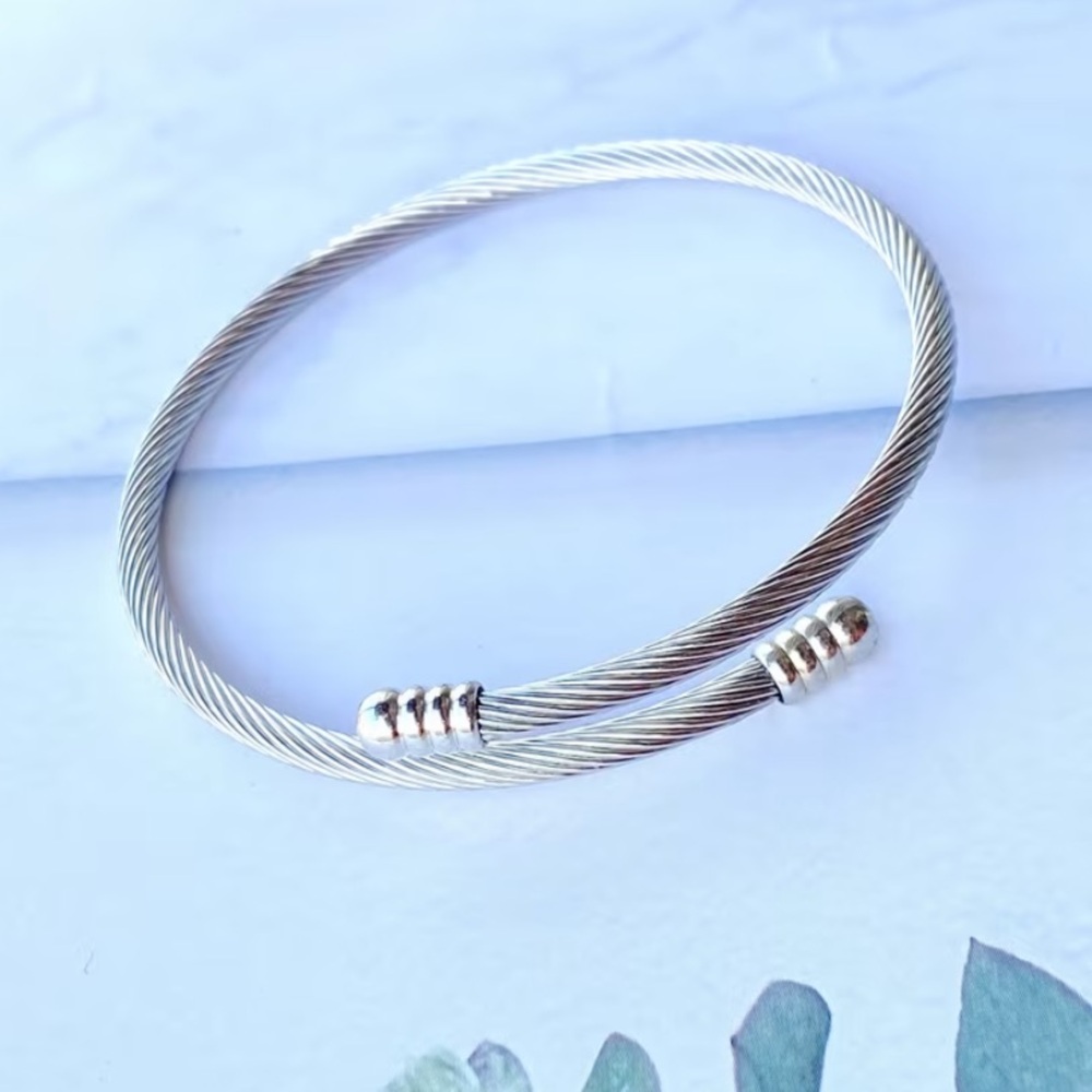 Twisted Cable Open Cuff Bracelet - Silver Tone